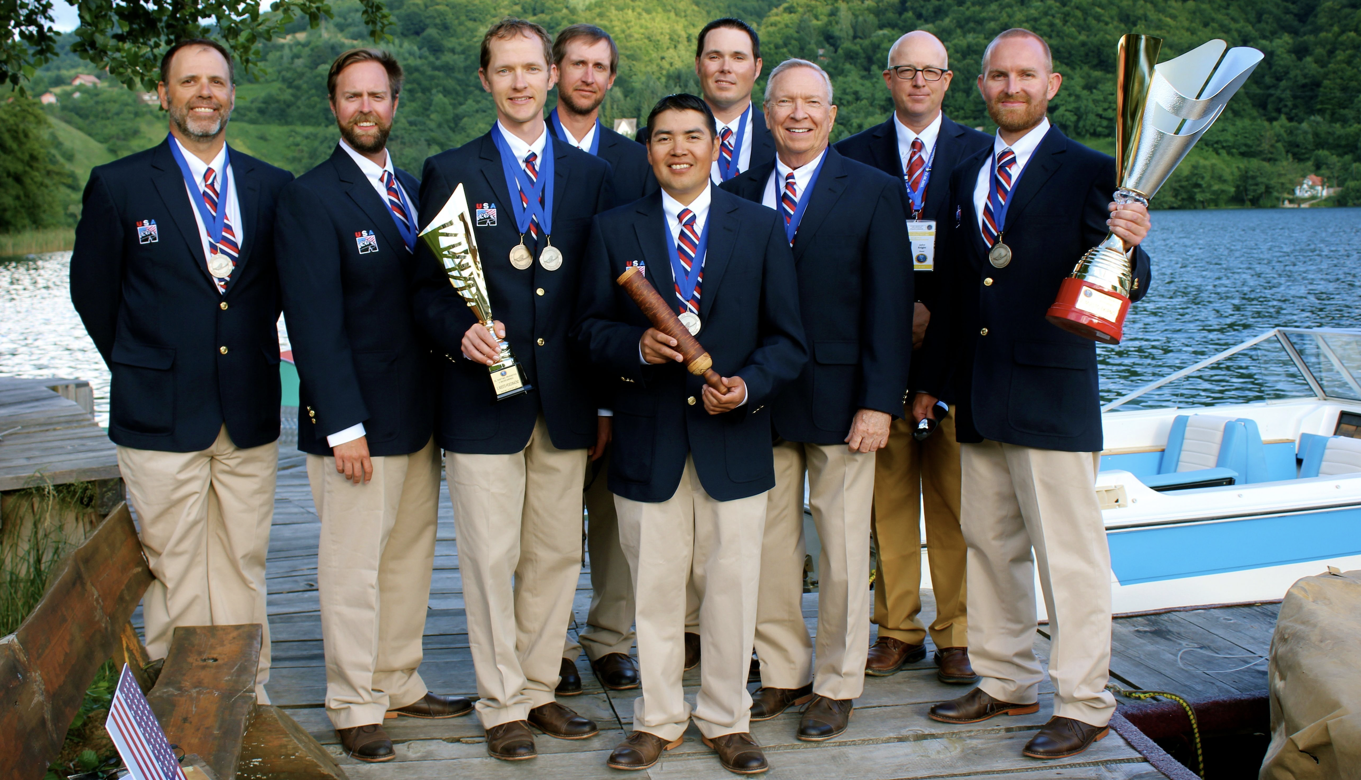 The US fly fishing team on the podium after winning their bronze medal